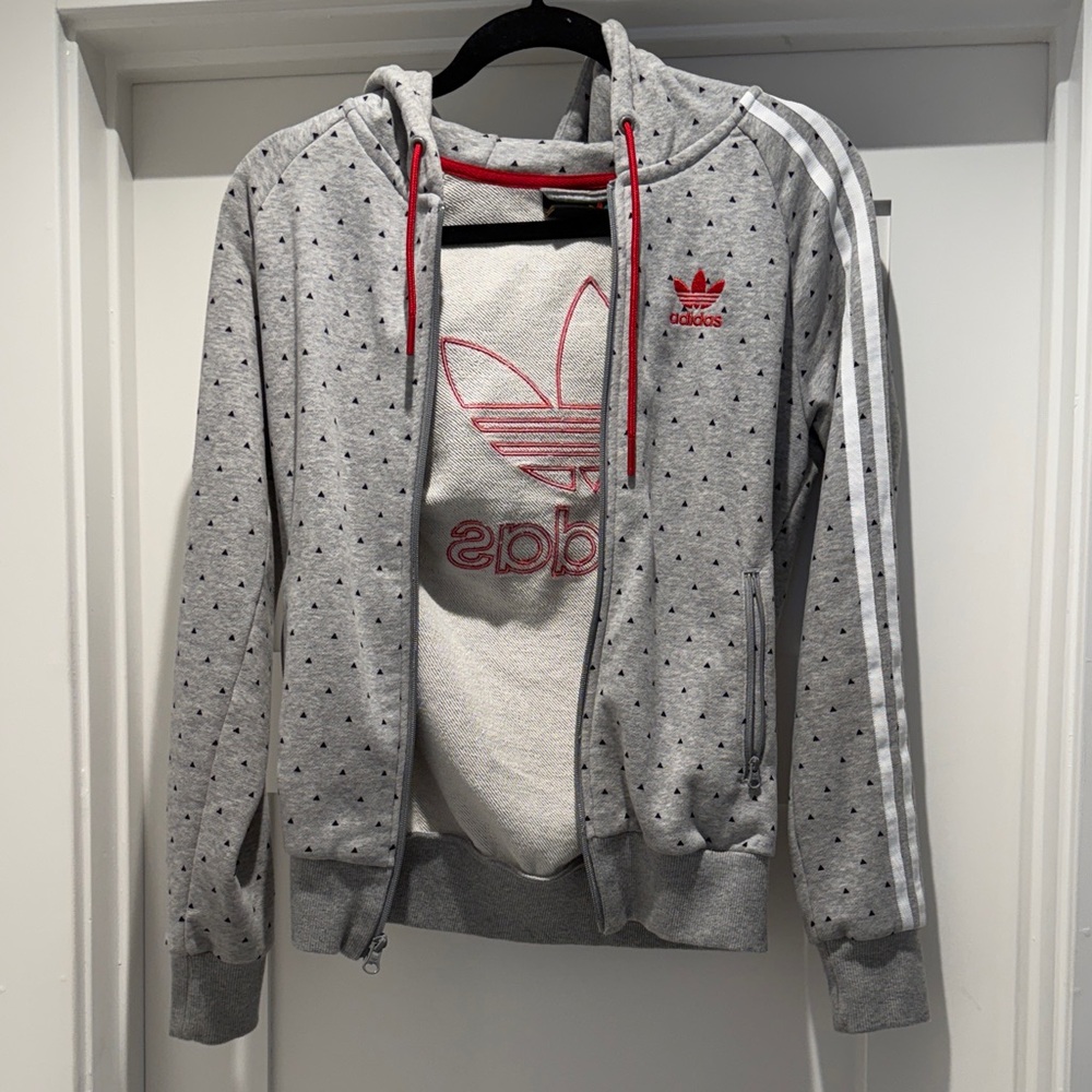adidas Women’s Grey zip up Hooded Jacket with red Accents